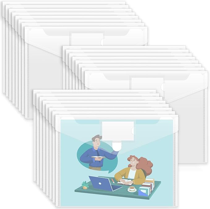 Sooez 24 Pack Plastic Envelopes Poly Envelopes, Clear Document File Folders US Letter A4 Size File Envelopes with Label Pocket for School Home Work Office Organization, Clear