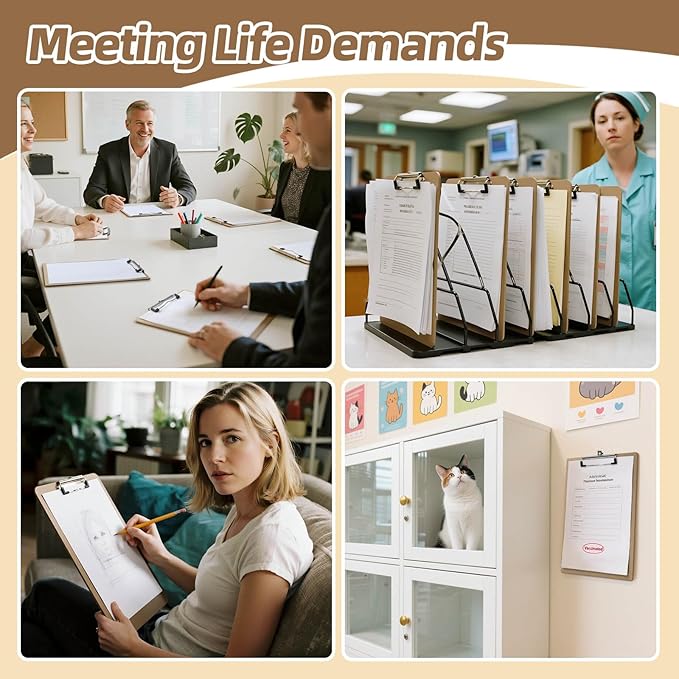 HappyHapi 10 Pack Clipboard 8.5 x 11 Letter Size Clip Boards Bulk, A4 Wooden Hardboard Office Clipboards Pack for Classroom, Work-Meetings, Brown