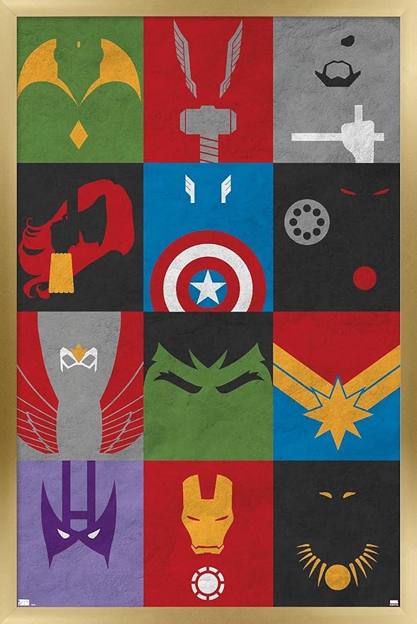 Trends International Marvel Comics - Avengers - Minimalist Grid Wall Poster, 22.375" x 34", Gold Framed Version
