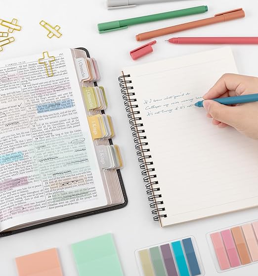 32 Pcs Bible Journaling Kit, Colored Bible Study Supplies, 12 Pastel No Bleed Highlighters and 5 Colored Pens, Transparent Sticky Notes and Bible Tabs Set and More, Book Annotation Kit for Women & Men