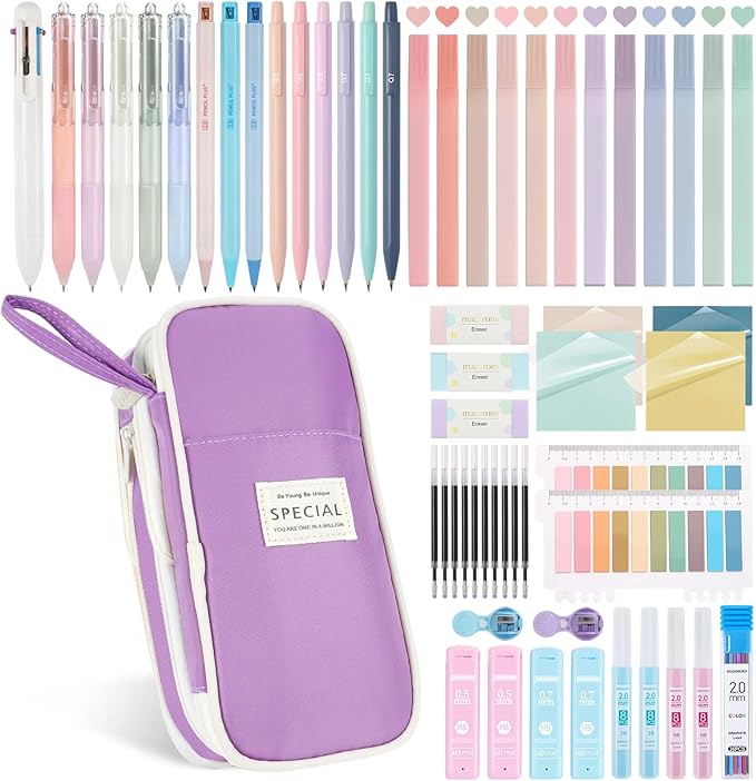 58 PCS Aesthetic School Supplies with Cute Pencil Case,12 Pastel Highlighters, 5 Gel Pens Black Ink，9 Mechanical Pencils for，Student Stationary，CollegeEssentials Gifts (Purple)