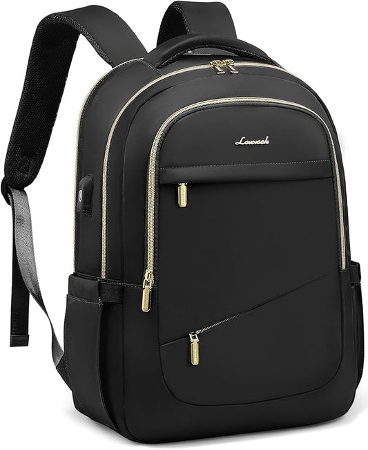 LOVEVOOK Laptop Backpack for Women, Black Business Travel Backpacks with USB Port, Water Resistant Work Teacher Computer Bag, Stylish Daypack, Fits 15.6" Laptop