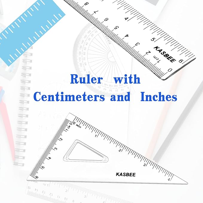 Geometry Set, 4PCS Geometry Kit for Students, Clear Protector, 6in Ruler, 2 Triangles, Metric and Imperial Scales