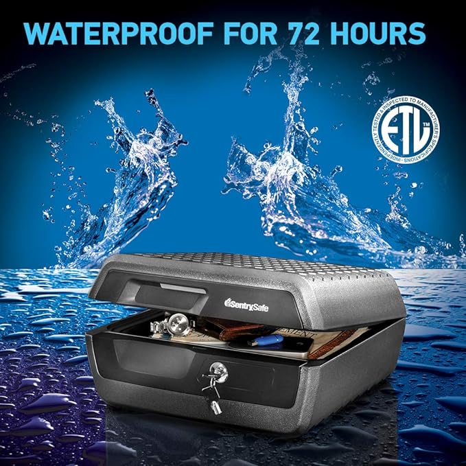 SentrySafe Fireproof and Waterproof Document Safe with Key Lock, Lock Box for Cash, Passport, Jewelry, Exterior: 16.5 in W x 14.8 in D x 7.6 in H, Black, 0.36 Cubic Feet, CHW30220