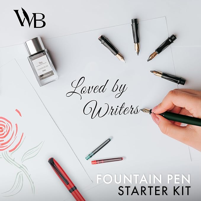 Wordsworth and Black Fountain Pen Set - Green - Includes 2 Pens, 18 ML Ink Bottle, 60 Ink Cartridges, A Refill Converter, 1 Medium and 4 Broad Nibs, Brush Pen - Fountain Pen Kit for Beginners