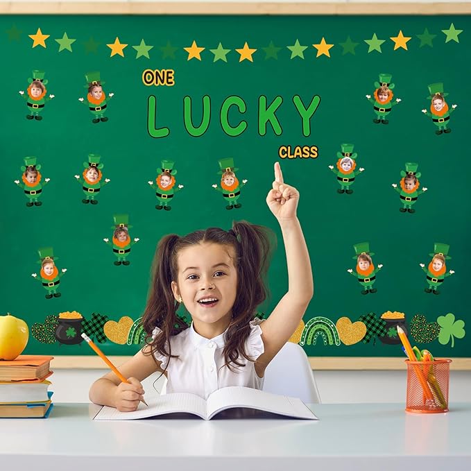 108 Pcs St. Patrick's Day Bulletin Board Sets One Lucky Class St. Patrick's Day Leprechaun Classroom Bulletin Board for Irish Holiday Party Supplies Home Classroom Chalkboard Wall Door Decor