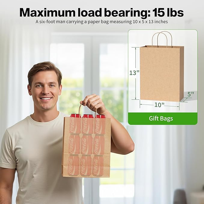 Simple Deluxe Value Pack of 100 Kraft Paper Bags with Handles (10x5x13 Inch) - Made in USA from 90GSM 100% Recycled Paper for Retail, Bulk Savings for Retail, Stores & Gift Packaging