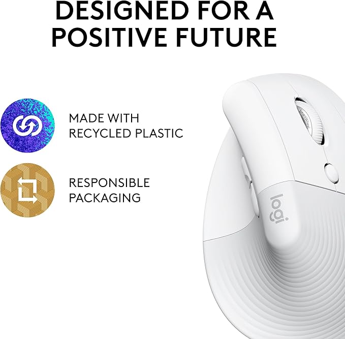 Logitech Lift Vertical Ergonomic Mouse, Wireless, Bluetooth or Logi Bolt USB Receiver, Quiet clicks, 4 Buttons, Compatible with Windows/macOS/iPadOS, Laptop, PC - Off White (Renewed)