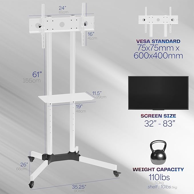 VIVO Mobile TV Cart for 32 to 83 inch Screens up to 110 lbs, LCD LED OLED 4K Smart Flat and Curved Panels, Rolling Stand with Laptop DVD Shelf, Locking Wheels, Max VESA 600x400, White, STAND-TV03W