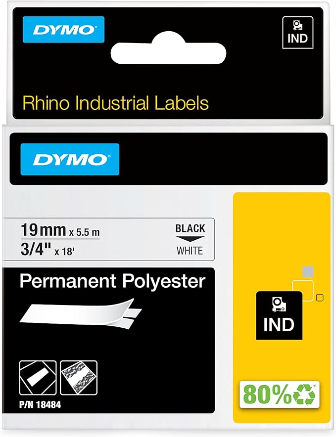 DYMO Rhino Industrial Permanent Polyester Labels 3/4" Black Print on White Tape