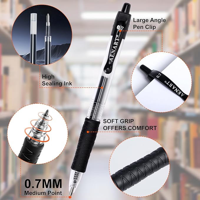 Aen Art Gel Pens, 30 Pack Black Gel Pen Fine Point, Retractable Gel Ink Rollerball Pens for Smooth Writing (0.7mm) Back to School Supplies