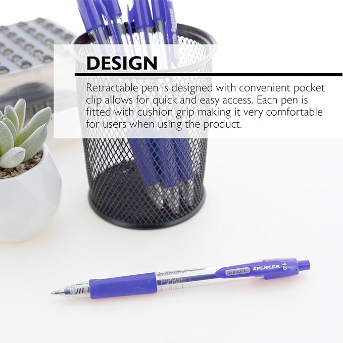 BAZIC PRODUCTS Ballpoint Pen Spencer Blue Retractable Pen Soft Barrel Grip Pens, 1.0 mm Bold Point Smooth Writing, for Office School Teacher (5/Pack), 1-Pack