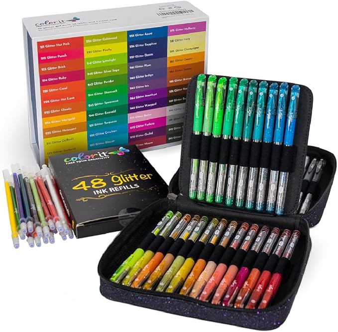 ColorIt Glitter Gel Pens for Coloring – 96 Pack with 48 Premium Glitter Gel Pens & 48 Refills with 1 Travel Case - Vibrant Colors for Journaling, Writing, Adult Coloring Books, and Creative Projects