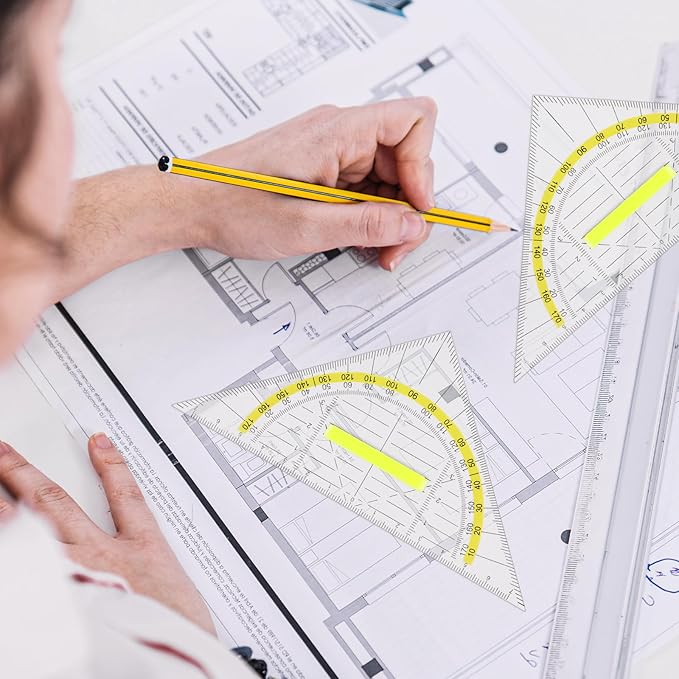 4 Pcs Multifunctional Triangle Ruler with Handle, Plastic Triangle Ruler Protractor Geometry Set Transparent Set Square Drafting Ruler for Architectors Designers Engineers Drawing Tools