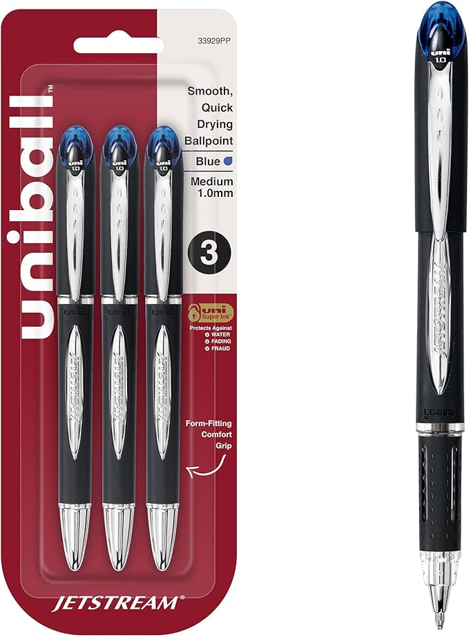 Uniball Jetstream Ballpoint Pens, Bold Point 1.0mm, Blue, 3 Count - Smooth Writing Japanese Pens, School Supplies