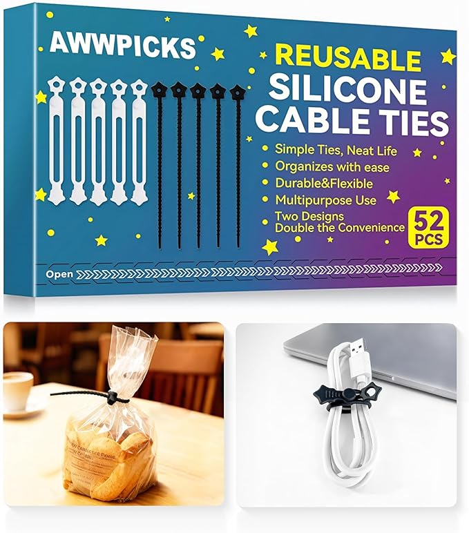 52 Pack Silicone Cable Ties, Reusable Star Design Cord Organizer Straps in 2 Styles, Durable & Stretchable Wire Management for Home, Office, Travel (Black&White)