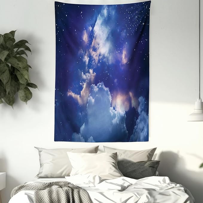 Ambesonne Space Tapestry, Magic Sky View with Star and Clouds Celestial Colorful World Cosmic Expanse Theme, Fabric Wall Hanging Decor for Bedroom Living Room Dorm, 23" X 28", White and Blue