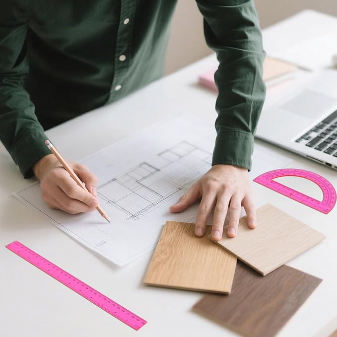 2 Pack Ruler Pink 12 Inch and 6 Inch Transparent Pink Plastic Ruler and Protractor Set Plastic Protractor Set Clear Math Drafting Geometry Sets for Home Office Drawing Architect Engineer