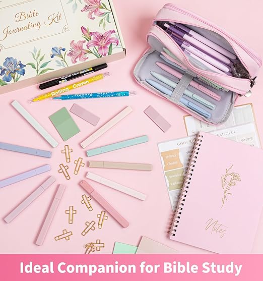 59Pcs Bible Study Supplies, Bible Journaling Kit for Women, Pink Pencil Case, 12 Pastel No Bleed Highlighters and 6 Colored Pens, Bible Tabs and More, Book Annotation Kit for Women & Men (Pink)