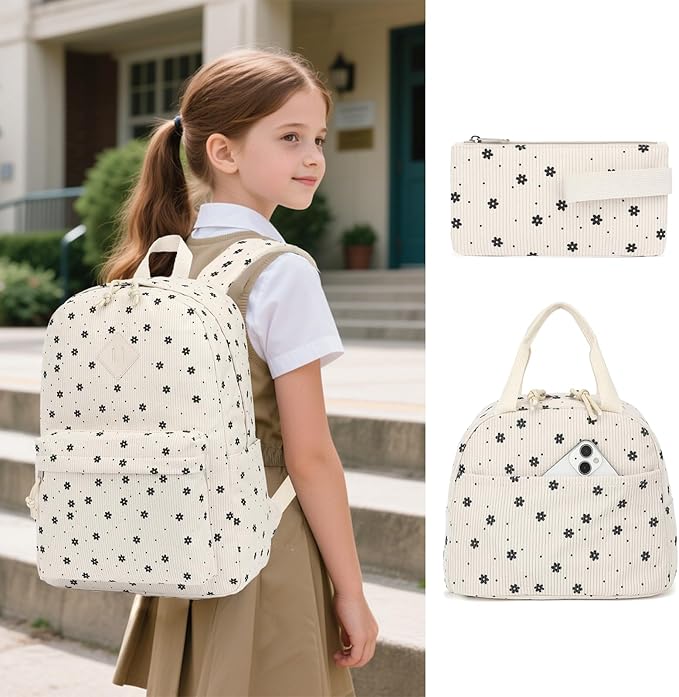 Corduroy Girls Backpack Set, 3PCS School Backpacks for Kids Elementary Middle School Bags with Lunch Box Pencil Case (Beige Corduroy Flowers)