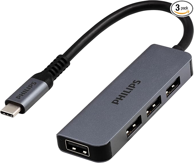 PHILIPS USB-C to USB Hub 3 Pack, 4 USB 2.0 Ports, 480 Mbps Data Transfer Speed, USB Multiport Adapter, Aluminum Case, Travel, School, Home, SWL3173M/37