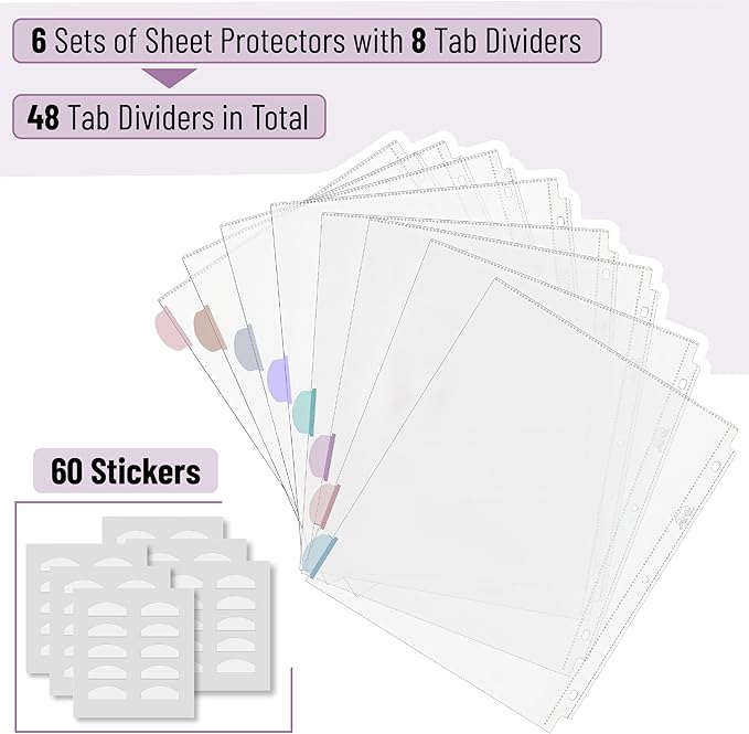 Mr. Pen- Clear Sheet Protectors with Binder 8 Tabs, 6 Sets, Morandi Color, Clear Plastic Dividers for 3 Ring Binder, Insertable Index Page Divider Multicolor Tabs