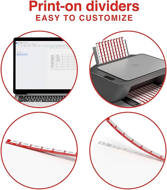 Staples Print‑On Label Dividers, 5‑Tab, White, Customizable Printable Tabs, Letter Size, Organize Binders & Projects, 30 Sets