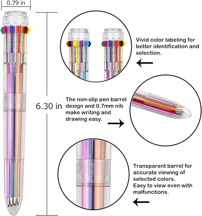 HeTaoCat Multicolor Pens 1 Pack 0.5mm 10-in-1 Retractable Ballpoint Pens - 10 Colors Transparent Barrel Ballpoint Pen for Office Supplies (Multicolor)