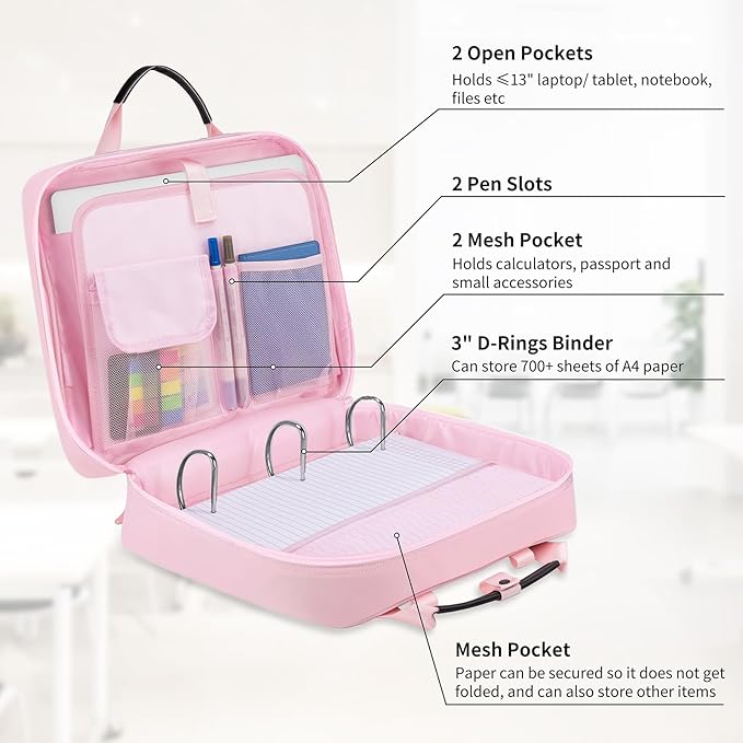 Zipper Binder 3 Ring 3-inch with Shoulder Strap & Backpack Straps, 700 Sheets Capacity Multiple Pockets Large Zip Up Binder File Folder Bag Fits 13 Inch Laptop, Pink
