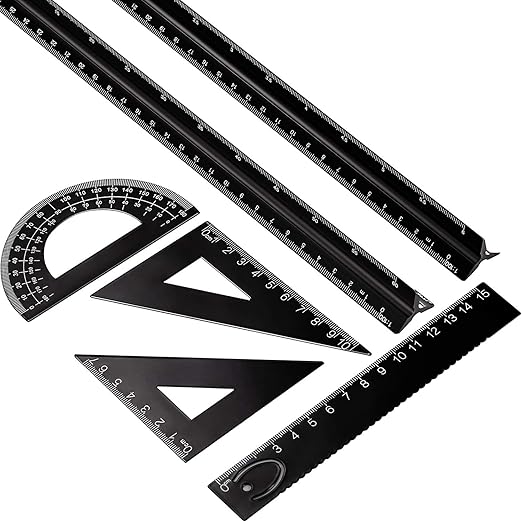 6 Pcs Triangular Ruler Set 12 Inch Engineering Scale Aluminum Architect Drafting Ruler Metal Protractor Arquitectura Accessories for Students Draftsman Engineers Metric(Black)