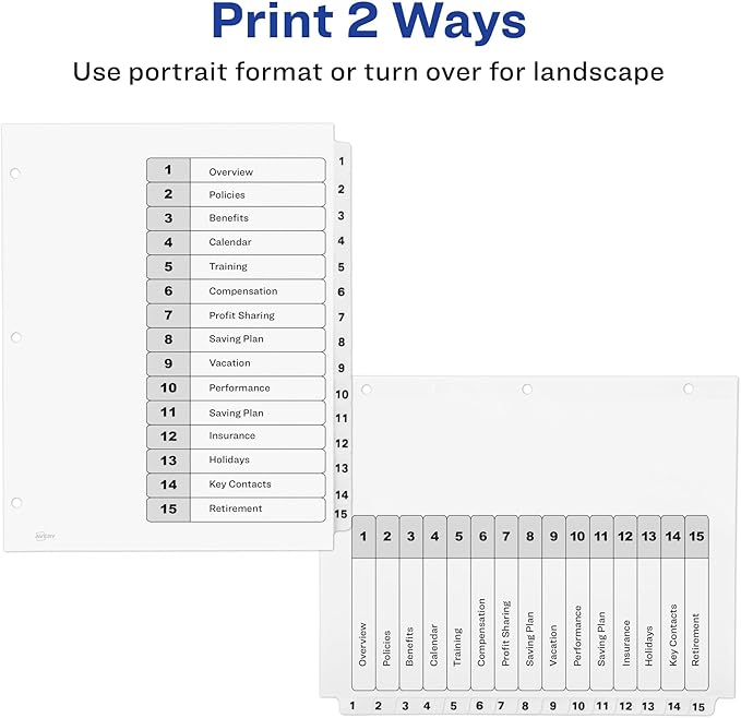 Avery Dividers for 3 Ring Binders, 15 Tabs per Set, Customizable Table of Contents, Classic White Tabs, Great for Organizing Reports, Projects, and More (3 Sets of 11079)
