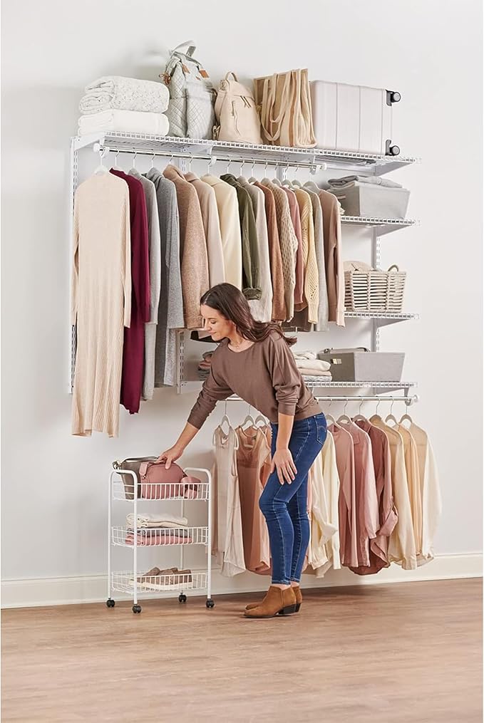 Rubbermaid 3-Tier Shelving Wheeled Organizer, Wire Adjustable Metal Storage Cart, for Office/Kitchen/Bedroom/Laundry Home Use, White