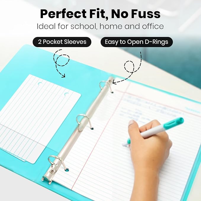 Yoobi 3 Ring Binders – 0.5 Inch Binder with Round D Rings and 2 Pockets, Durable, PVC-Free Organizer with 120 Sheets Capacity, 4- Pack Colored Binders with Plastic Cover for Office Supplies