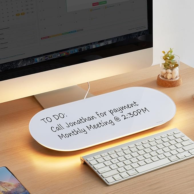 TSJ OFFICE Glass Desktop Whiteboard - 17 X 7 Inches Small Dry Erase Board with Warm White Light, Glass White Board Surface Notepad with 1 Drawer, Desk Organizers for Office, Home, School Supplies