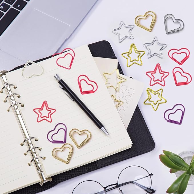 Hesena 200 Pcs Cute Paper Clips Set, 100 Pcs Heart & 100 Pcs Star Shaped Shape Paper Clipss, for Office and Home (Heart Shape+Star Shape)