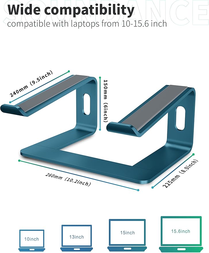 SOUNDANCE Laptop Stand, Aluminum Computer Riser, Ergonomic Laptops Elevator for Desk, Metal Holder Compatible with 10 to 15.6 Inches Notebook Computer, Navy Blue