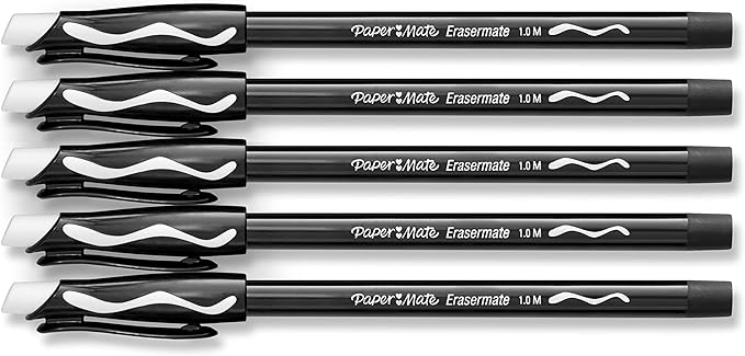 Paper Mate Erasermate Stick Medium Tip Ballpoint Pens, 5 Black Ink Pens (3150458PP)