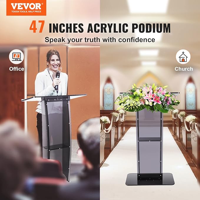 VEVOR Acrylic Podium, 47" Acrylic Podium Stand with Wide Reading Surface & Storage Shelf, Floor-Standing Clear Pulpits Acrylic for Church Office School, Black