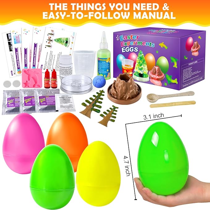 4 Jumbo Easter Basket Stuffer Surprise Eggs, Science Experiments for Kids, Easter Toys Gift Idea for Boys and Girls Educational Party Favor STEM Activities Volcano Crystal Tree