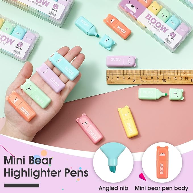 Fuutreo 60 Pcs Cute Mini Bear Highlighter Pens Kawaii Highlighter Set Back to School Gift Assorted Pastel Colors Chisel Tip Marker Pens for Kids Students Adults School Office Supplies