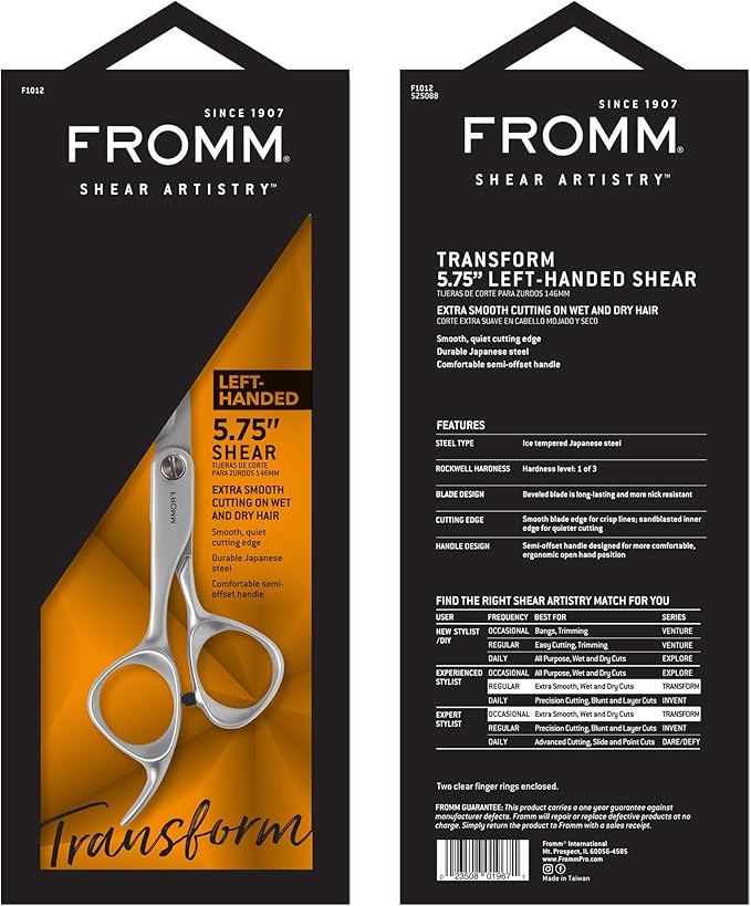 Fromm Professional Transform 5.75" Left-Hand Extra Smooth Hair Cutting Shears on Wet & Dry in Matte Silver Japanese Steel Scissors with Beveled Blade for Experienced & Expert Stylists