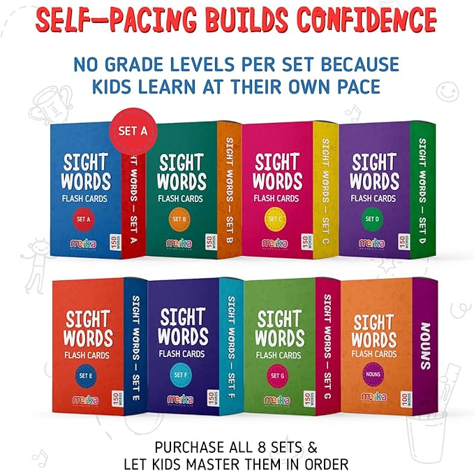 merka 1st Grade Sight Word Flash Cards - 150 Laminated Dry-Erase Set A for Ages 5+ with Marker - Dolch & Vocabulary Flash Cards for 1st Grade Reading, Homeschool & Speech Therapy Materials