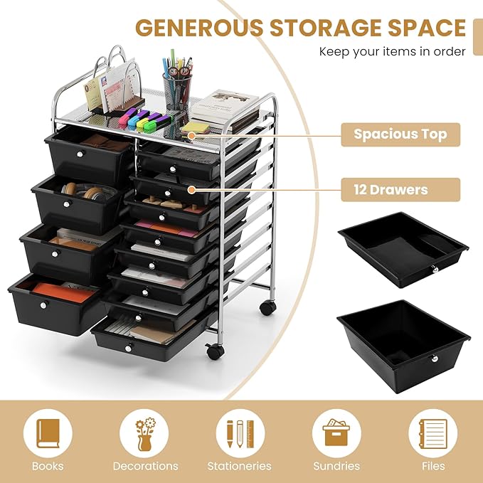 COSTWAY 12 Drawer Rolling Storage Cart, Mobile Utility Cart with Metal Frame, Art Supply Craft Organizer, Multipurpose Storage Organizer for Paper, Office, School Teacher, Classroom, Black