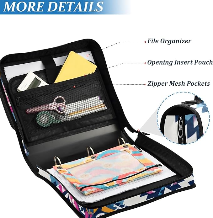 3 Ring Zipper Binder with Shoulder Strap Purple Ethic Aztec 1.5 inch Binders Keeper Large Capacity Multi Pockets for School Office Supplies