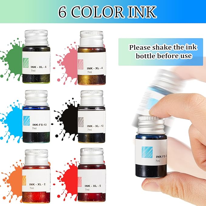Zonon Glass Dipped Pen Ink Set 14 Pcs Include 6 Pcs Glass Dip Pen, 6 Colorful India Ink and 2 Holder Crystal Signature Calligraphy for Art, Writing, Gift(Blue Color System)