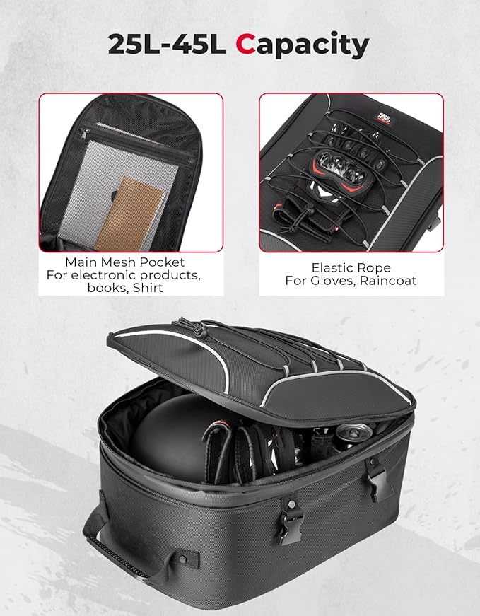 KEMIMOTO Motorcycle Tail Bag, Dual Use Motorcycle Rear Seat Bag with Waterproof Rain Cover, 25L-45L Expandable Motorbike Helmet Bag Luggage Storage Backpack