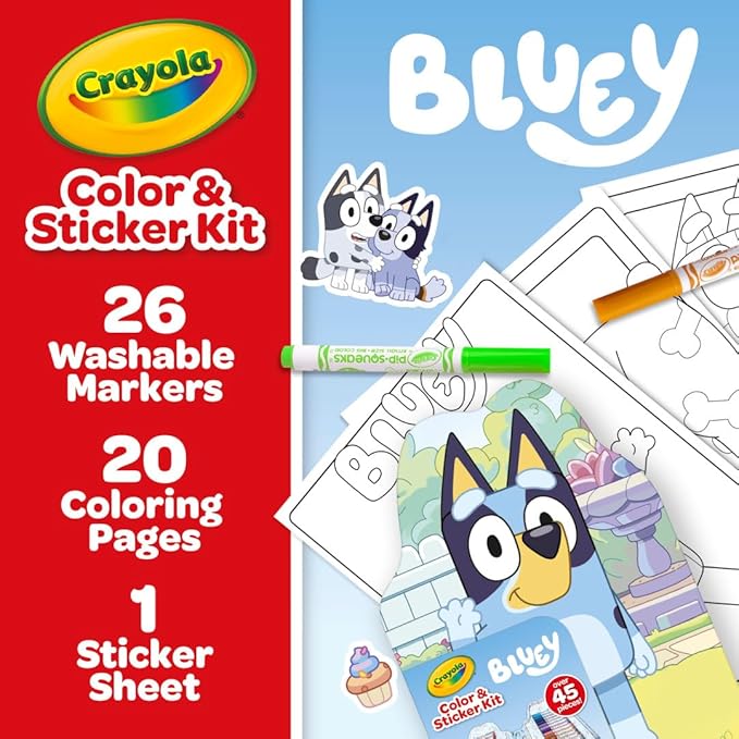 Crayola Bluey Art Kit for Kids (45pcs), Bluey Coloring Book Pages & Stickers for Kids, Arts & Crafts Set, Toys for Girls & Boys, Gift, 4+