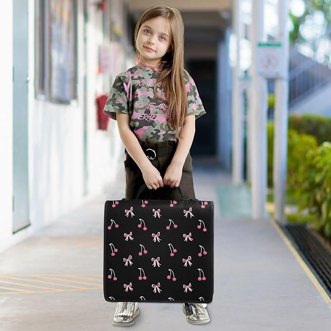 Black Pink Bow Cherry Zipper Binder Bag 3 Ring Binder with Shoulder Strap Zip Up 500 Sheets Capacity Multi Pockets for School Office Supplies