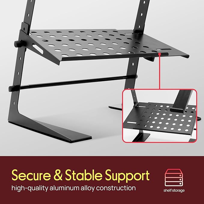 Pyle Adjustable Laptop Stand - Desk Riser for Laptop, CD Player/Controller, EFX Machine or Lighting Controller, with Shelf Storage, 4 Easy Line-It-Up Height Adjustments