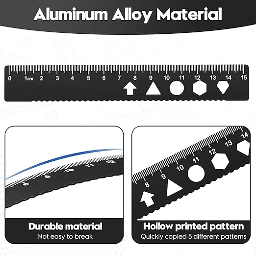 MSDADA Triangle Ruler, Protractor, Square and Ruler Set, 4 Pieces Aluminum Alloy Ruler, Metal Drafting Ruler Kit, Geometric Protractor for Student, School, Home, Office (Black, 15cm/5.9inch)